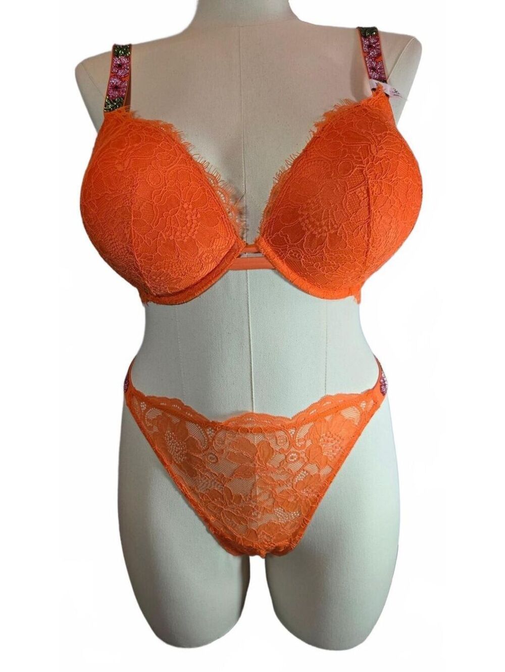 Victoria’s Secret Very Sexy Shine Strap Bra Thong Set 36G XL Sunny Orange NWT
